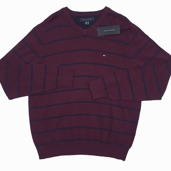 NEW Tommy Hilfiger Sweater! Maroon With Navy Stripes V Neck Tommy Flag on Chest - Picture 1 of 1